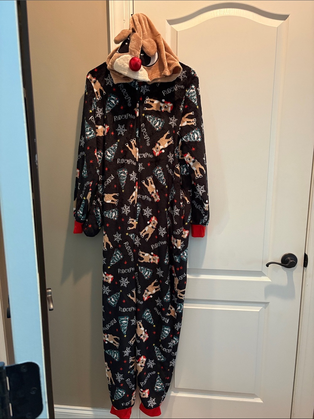 Women's Reindeer Hooded Fleece Onesie Pajamas - Black with Red Accents